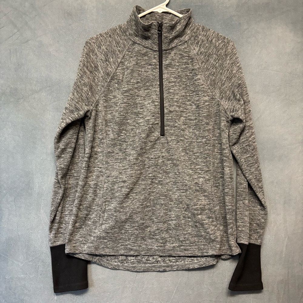SO Gray Marled Half Zip Fleece Pullover Thumbholes Size Large Athleisure Comfy
